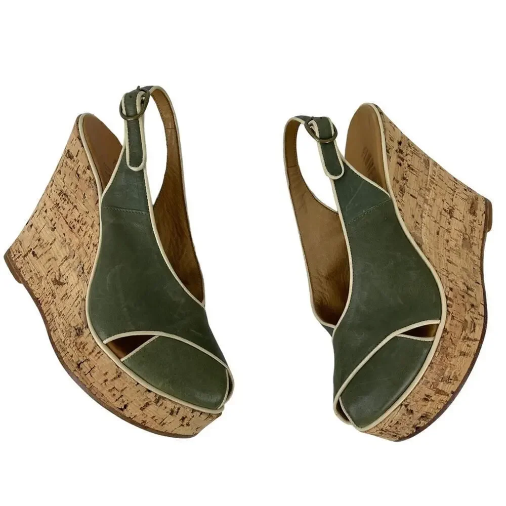 Fiorentini Baker Platform Cork Wedge Ankle Strap Green Leather Peep Toe Sandals